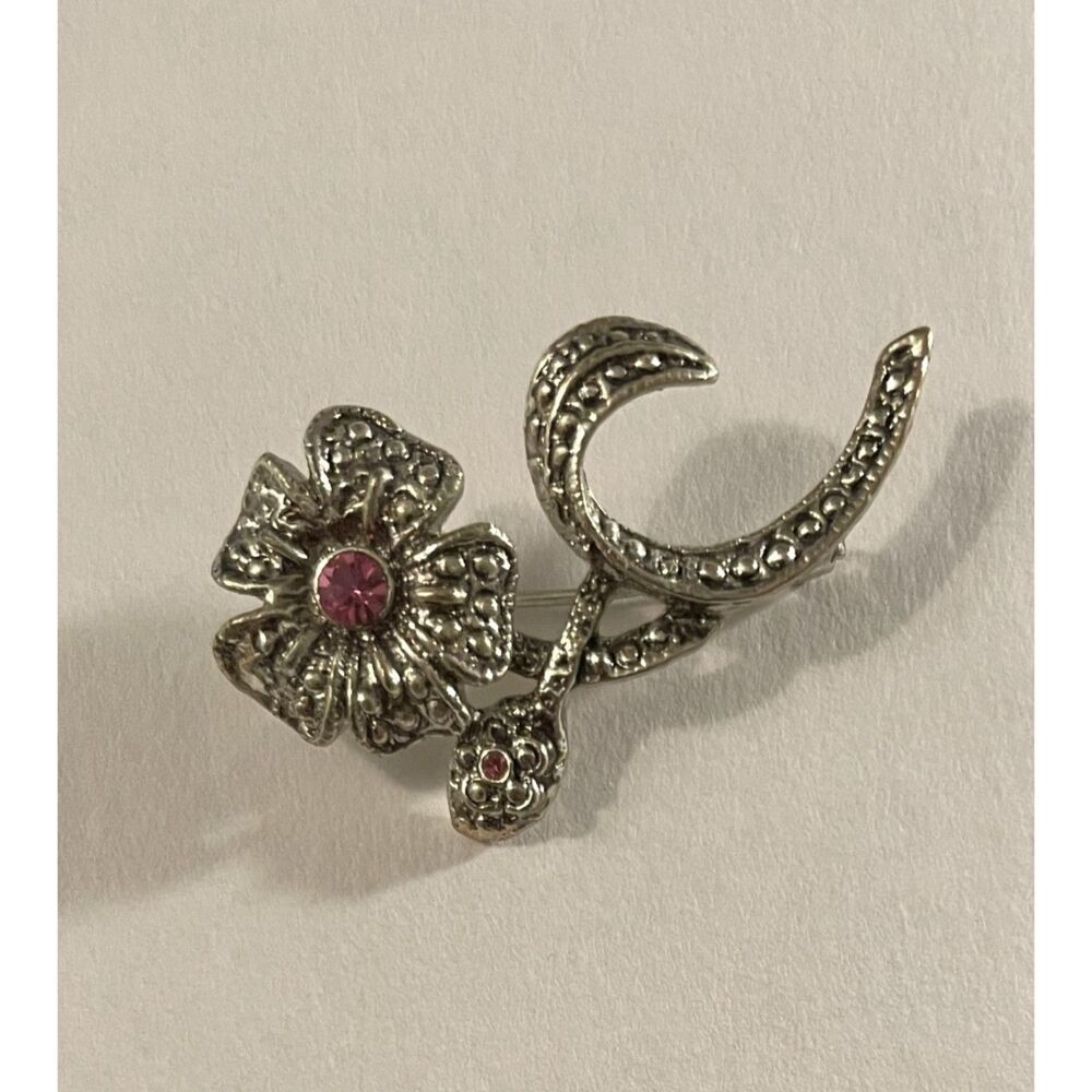 Vintage AAi Silver Tone Pink Rhinestone Flower Stem Brooch Pin Marcasite Style